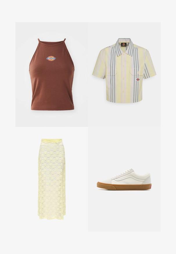 Brown sleeveless crop top made of stretchy fabric, featuring a colorful "Dickies" logo on the front and thin straps.; Cropped short-sleeve shirt in light yellow with vertical green and pastel stripes. Features two chest pockets and a logo patch on the left pocket.; Yellow lace maxi skirt with a wavy pattern, featuring a smooth waistband and soft, sheer texture. Designed for a flowy silhouette.; White canvas low-top sneakers with a gum rubber sole, round toe, lace-up closure, and side leather stripe detail.