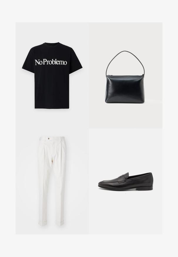 T-shirt de algodão preta com mangas curtas e decote redondo. O texto na frente diz "No Problemo" em grande fonte branca.; Calças brancas, ajustadas, com frente lisa, duas pregas e bainhas viradas. Feitas de um tecido suave com fecho de botão na cintura.; Sapatilha masculina em couro preto, com salto baixo e um design clássico com tira de moeda, apresentada em perfil lateral sobre um fundo branco.; Bolsa de mão de couro preto liso com uma alça curva única e fecho de zíper no topo, apresentada contra um fundo branco liso.