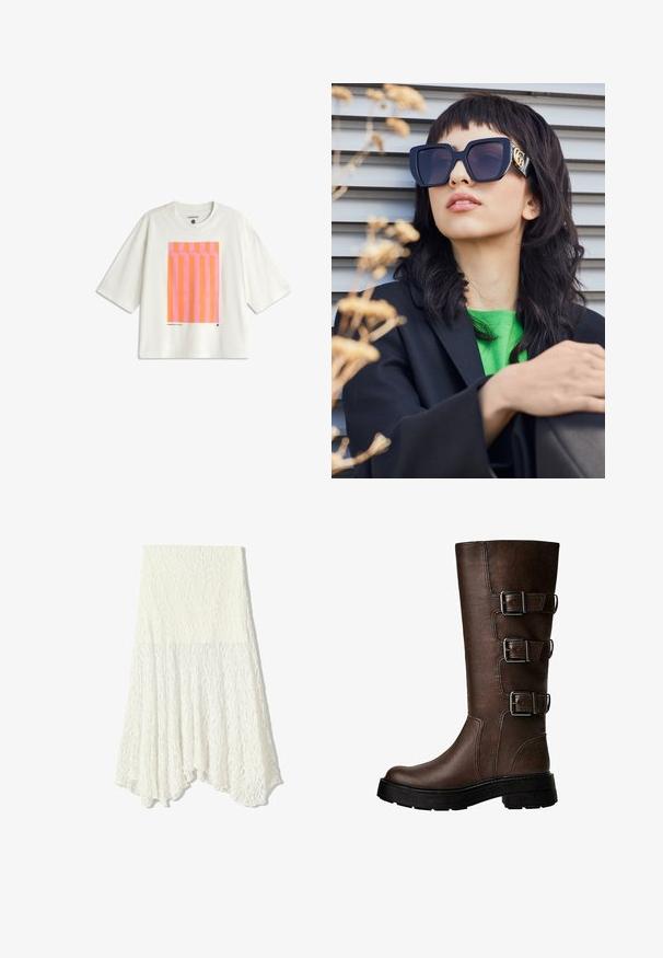 Biele oversized tričko vyrobené z bavlny, s grafickým dizajnom s vertikálnymi ružovými a oranžovými pruhmi na prednej strane.; Biela čipkovaná sukňa s textúrovaným vzorom, s asymetrickým lemom a splývavým strihom, vyrobená z ľahkej textílie.; Hnedé kožené čižmy po kolená s tromi kovovými prackami, textúrovaný povrch, okrúhla špička a hrubá podrážka pre stabilitu.; Prehnané čierne slnečné okuliare s hrubým rámom a zlatým akcentom, nosené s čiernym sakom a jasne zelenou košeľou, na horizontálnom pozadí.; Béžová plyšová kabelka s hnedým koženým popruhom a akcentami. Obsahuje zlatý kruhový zámok a štítok s logom "GUESS".