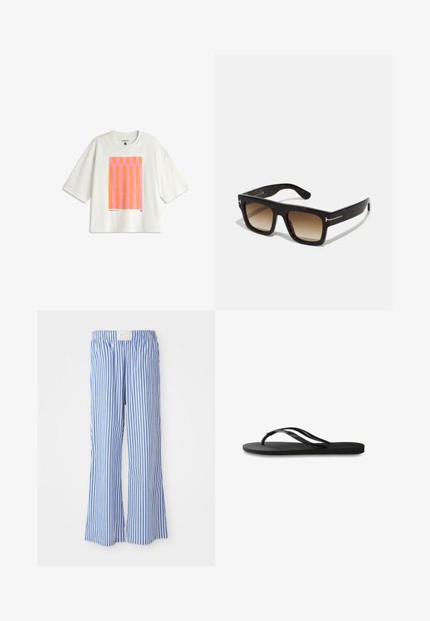 Hvid oversized t-shirt lavet af bomuld, med et grafisk design med lodrette pink og orange striber på forsiden.; Blå og hvide stribede bukser med en afslappet pasform, lavet af letvægtsstof, med en elastisk talje og et diskret logo-tag.; Sorte flip-flop med en tekstureret gummisål, to slanke stropper og et subtilt, præget logodetalje på stroppen.; Skildpaddemønster solbriller med firkantet stel, gradient brune linser og diskrete guldhardware detaljer på stængerne.; Brun ruskinds tote bag med to bløde håndtag, et vertikalt bånd med en sølvdetalje og en bred, åben top. Glat tekstur, minimalistisk design.