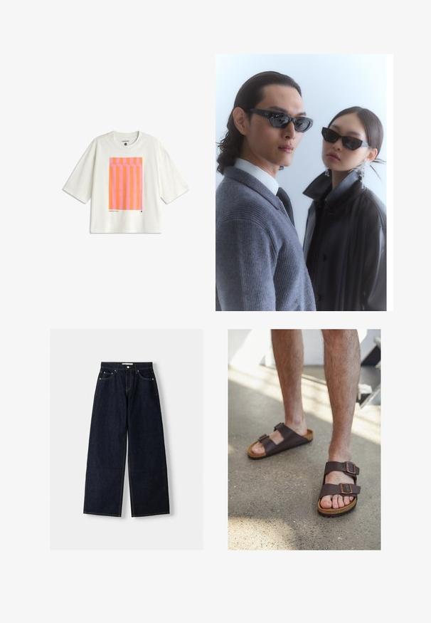 White oversized t-shirt made of cotton, featuring a graphic design with vertical pink and orange stripes on the front.; Dark blue denim wide-leg jeans with a high waist, five pockets, contrast stitching, and silver metal hardware. Smooth texture and clean finish.; Brown leather sandals with two adjustable buckles, cork footbed, and textured rubber sole, worn on bare feet against a concrete floor.; Sunglasses with angular black frames on model with a gray sweater, showcasing textured knit and a black leather jacket worn by another model.
