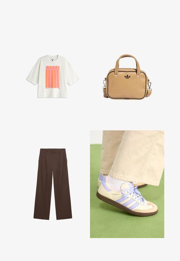 White oversized t-shirt made of cotton, featuring a graphic design with vertical pink and orange stripes on the front.; Brown wide-leg trousers made of a smooth fabric, featuring a high waist, front pleats, and two side pockets.; Cream and lavender sneakers with three stripes and a textured brown sole, featuring laces and a padded heel. Soft fabric upper.; Tan vegan leather bag with two handles, detachable shoulder strap, black accent stitching, and a small black logo on the front.