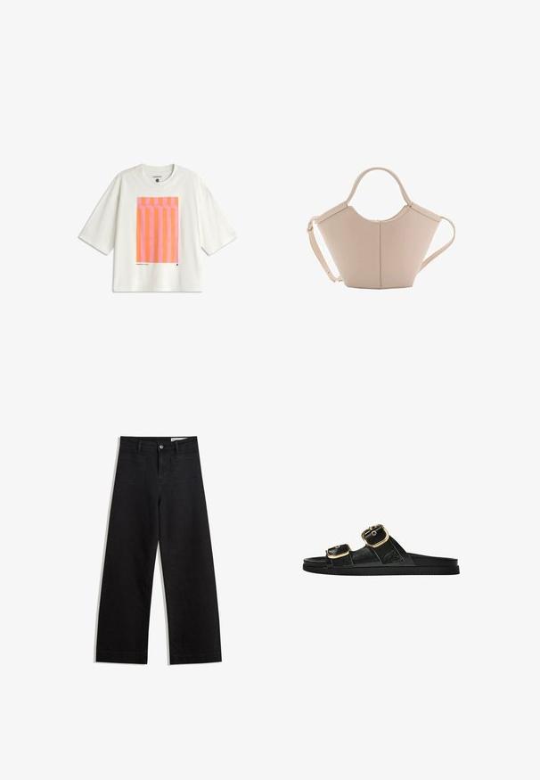 T-shirt bianco oversize in cotone, con una grafica che presenta strisce verticali rosa e arancioni sul davanti.; Pantaloni in denim neri a gamba larga con vita alta, dotati di tasche anteriori e posteriori, cuciture a punto, e chiusura con bottone. Texture liscia.; Infradito neri con due accenti di fibbia dorata, materiale dalla texture liscia, suola piatta e design minimalista.; Borsa in pelle beige con una forma unica, caratterizzata da due manici corti e una lunga tracolla regolabile. Texture liscia con hardware minimale.