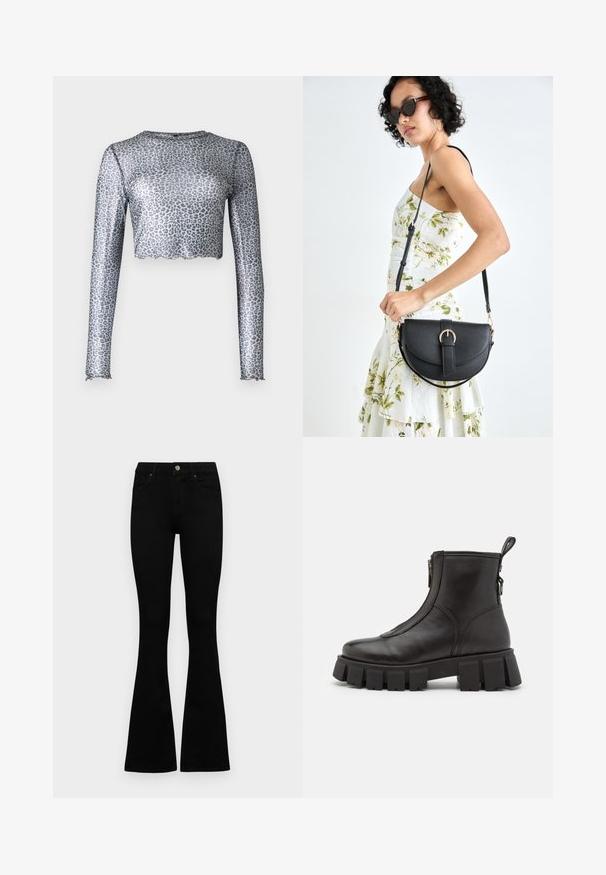 Ezüst hálós, hosszú ujjú felső, cropped alsó résszel, leopárdmintás kialakítással és fodros szegélyekkel a mandzsettákon és az alján.; Fekete, magas derekú farmernadrág gomb- és cipzárzárral, elülső zsebekkel és harangszárral, laposan egy fehér háttérre terítve.; Fekete bőr bokacsizma vastag, bordázott talppal, oldalsó cipzárral és hátsó húzófüllel. Simább felület és letisztult dizájn.; Fekete bőrtáska ívelt formával, levehető pánttal és arany színű fémrészekkel. A táskán egy csattal díszített fedél található.