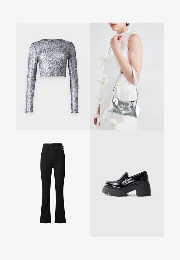 Srebrna mrežasta majica s dolgimi rokavi in skrajšanim robom, ki ima vzorec leoparda in valovite robove na manšetah in dnu.; Črne široke kavbojke iz raztegljive bombažne mešanice, z dvema sprednjima žepoma, zadrgo in dvema zadnjima žepoma. Gladka tekstura.; Črne lakirane platformske loafers črne barve s masivnim gumijastim podplatom, ki imajo spredaj moccasin stil ter širok pas, ki prečka vrh.; Srebrna metalna torbica z oblikovano strukturo, ki ima zgornji ročaj in detajl v obliki mašne spredaj. Gladka tekstura, z odsevnimi površinami.