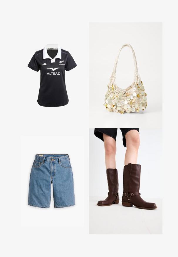 Camiseta de rugby negra con cuello blanco, con el logo de "All Blacks", el texto "ALTRAD" y el logo de Adidas en la parte frontal. Mangas cortas, tejido suave.; Shorts de mezclilla azul con un diseño clásico de cinco bolsillos, cremallera con cierre de botón y bordes deshilachados.; Botas de cuero marrón hasta la rodilla con punta redonda, superficie texturizada, correa en el tobillo y detalles de hardware plateado; tacón apilado.; PARFOIS SHOULDER BAG AU NATUREL S - Bolso de mano - ecru