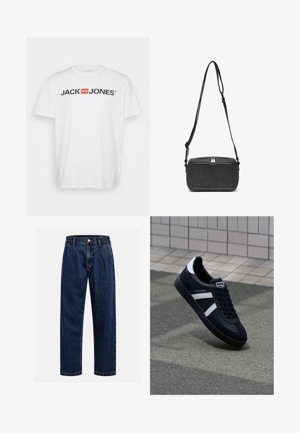 White cotton t-shirt featuring "JACK & JONES" logo in black with a red rectangular accent. Short sleeves and crew neckline. Smooth texture.; Dark blue denim jeans with a straight-leg design. Features visible stitching, a button closure, and front pleats for added detail.; Black leather sneaker with white stripes, textured rubber sole, and lace-up front. Features a branded label on the tongue.; Black leather crossbody bag with a zip closure, embossed logo on the front, and adjustable strap. Smooth texture with a rectangular shape.