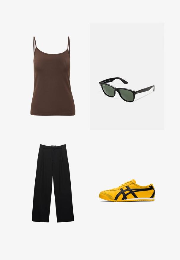 Brown, fitted camisole top made from smooth fabric, featuring thin straps and a rounded neckline, with a seamless hem for a clean finish.; Wide-leg black trousers made from smooth fabric. Features front pleats, a waistband with belt loops, and a tailored silhouette.; Yellow athletic shoe with black accents, smooth leather texture, curved design, round toe, flat white sole, and prominent branding on the side.; Black plastic sunglasses with green lenses, square frames, silver accent on the brow, and textured temple arms. Stated brand on inner arm.; DRAGON DIFFUSION MINI FLAT GORA - Handbag - dark brown