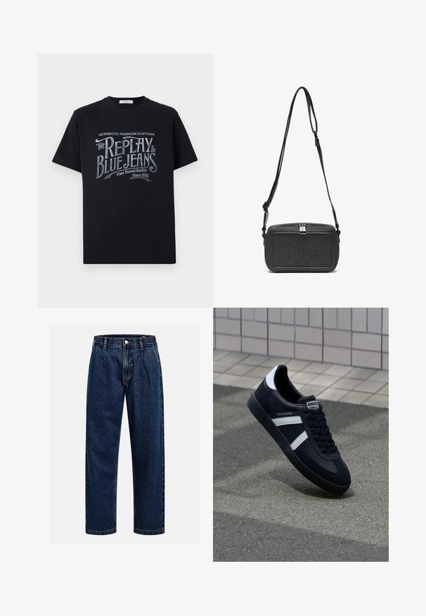 Svart bomullst-skjorte med korte ermer og rund hals, med et vintage-inspirert grafisk tekstdesign i hvitt og lyseblått på forsiden.; Mørkeblå denimjeans med rett ben-design. Har synlige sømmer, knappestengning og frontfolder for ekstra detaljer.; Sorte lærersneaker med hvite striper, teksturert gummihæl og snøring foran. Har et merketikett på tungen.; Svart skinn crossover-veske med glidelås, preget logo på fronten og justerbar stropp. Glatt tekstur med rektangulær form.