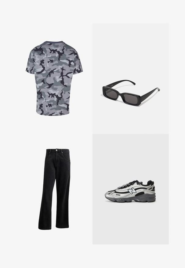 Siva kamuflažna majica s kratkimi rokavi. Mehka tekstura, z temno in svetlo sivo vzorci, okrogli ovratnik in raven rob.; Črne kavbojke iz denima s ravnimi hlačnicami, ki imajo sprednje žepke, gumbasto zapiranje in rahlo teksturo. Vključujejo subtilen logotip.; Srebrni in črni športni čevlji z mrežastim zgornjim delom, oblazinjeno podplatom, vezanjem in podrobnostmi blagovne znamke na strani.; Črne pravokotne sončna očala z temnimi lečami, sijajna površina, široka ročaja in masiven okvir. Vgravirano ime blagovne znamke na eni ročaji.