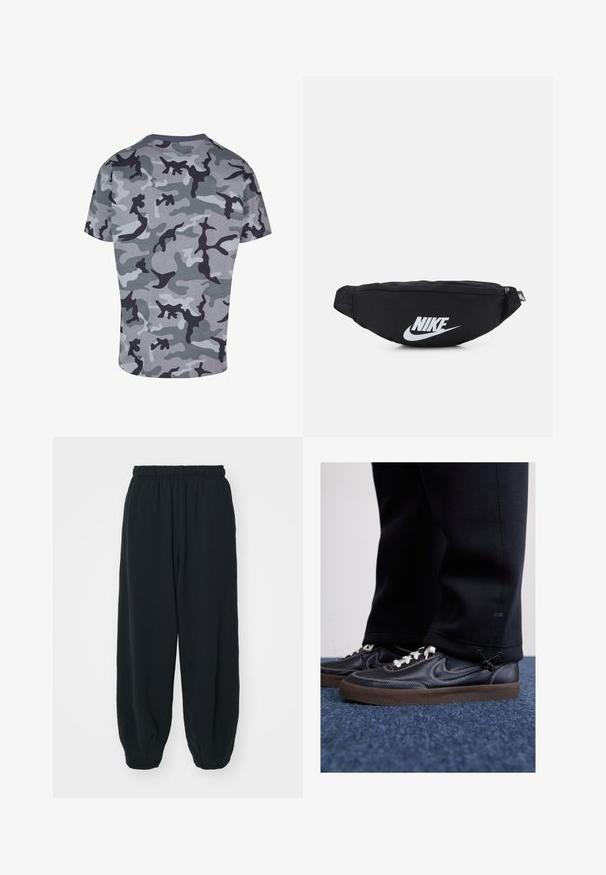Pelēkā kamuflāžas t-krekls īsām piedurknēm. Mīksta tekstūra, ar tumšiem un gaišiem pelēkiem rakstiem, apaļa kakla izgriezuma un taisna apakšmala.; Melnas sporta bikses ar elastīgu jostasvietu, brīvu piegriezumu, aprocēm ap potītēm, gludu tekstūru, un bez redzamām rakstu vai aparatūras akcentiem.; Nike Sportswear KILLSHOT 2 LTR PRM OPP2 - Treniņu apavi - black sail baroque brown mtlc dk grey; Melnas neilona jostas somiņa ar rāvējslēdzēja aizdari, kurai ir liels balts Nike logo. Gluda tekstūra un ergonomisks dizains ērtai valkāšanai.