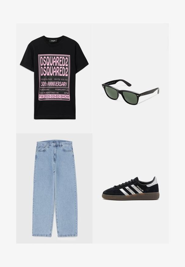 Black cotton t-shirt featuring large pink graphic text. Design includes event details in varying font sizes and additional information at the bottom.; Light blue denim jeans with straight leg design, featuring a mid-rise waist, five pockets, and a button and zipper closure.; Black suede sneaker with white stripes, rubber outsole, and a shiny silver accent at the heel. Features a classic low-top design.; Black plastic sunglasses with green lenses, square frames, silver accent on the brow, and textured temple arms. Stated brand on inner arm.