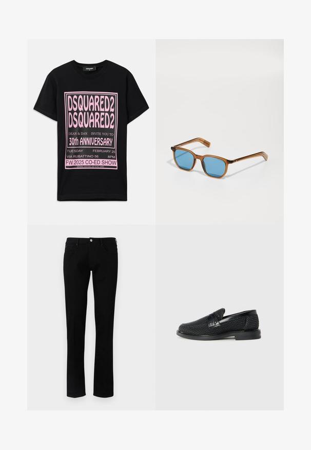 Svart bomullströja med stor rosa grafisk text. Designen inkluderar evenemangsdetaljer i varierande teckenstorlekar och ytterligare information längst ner.; Emporio Armani 5 POCKETS PANT - Jeans slim fit - black denim; Svart vävd slip-on sko med en slät läderdetalj på ovansidan, med rund tådesign och en låg gummisula.; Bruna plastbågade solglasögon med blå linser, fyrkantig form, tunna rejäla armar, texturerade detaljer vid templet och en polerad yta.
