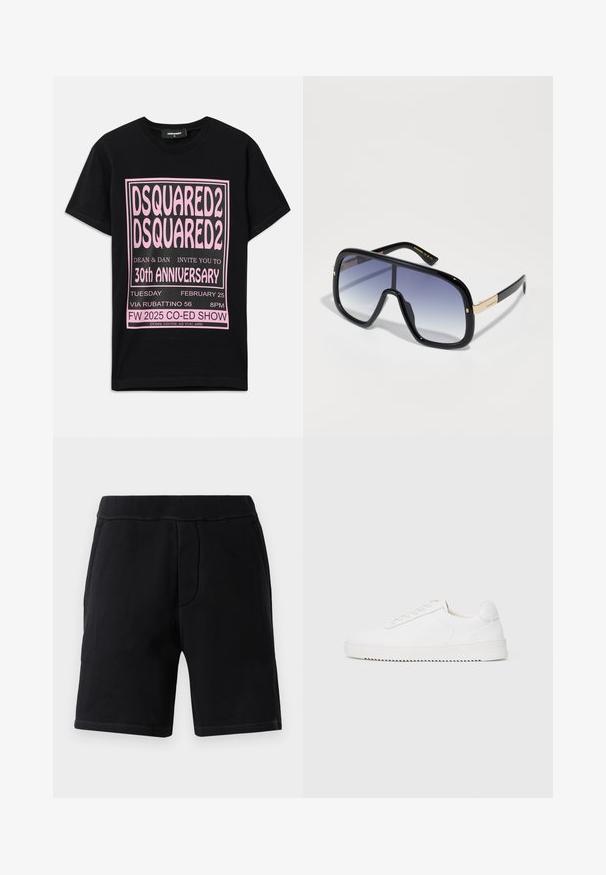 T-shirt noir en coton avec un grand texte graphique rose. Le design inclut les détails de l'événement en différentes tailles de police et des informations supplémentaires en bas.; Shorts de sport noirs en matériau doux ; dotés d'une taille élastique, de deux poches latérales et de surpiqûres contrastantes.; Sneaker blanc avec une tige en cuir lisse, bout rond, lacets, accents latéraux texturés et une épaisse semelle en caoutchouc. Design minimaliste.; Lunettes de soleil surdimensionnées noires avec une lentille dégradée violette, finition brillante et accents dorés sur les branches. Forme de cadre rectangulaire.