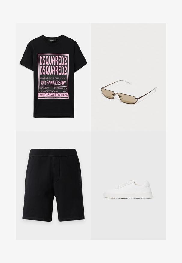 T-shirt noir en coton avec un grand texte graphique rose. Le design inclut les détails de l'événement en différentes tailles de police et des informations supplémentaires en bas.; Shorts de sport noirs en matériau doux ; dotés d'une taille élastique, de deux poches latérales et de surpiqûres contrastantes.; Sneaker blanc avec une tige en cuir lisse, bout rond, lacets, accents latéraux texturés et une épaisse semelle en caoutchouc. Design minimaliste.; Lunettes de soleil rectangulaires en métal marron avec des verres teintés marron et des branches fines et transparentes, présentant un design minimaliste et un branding subtil.