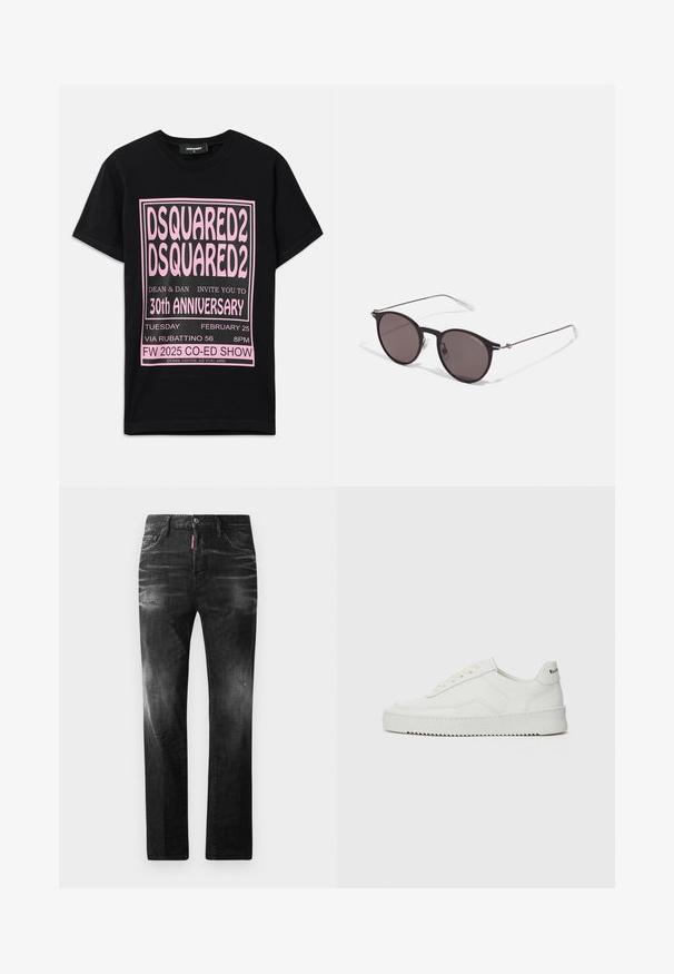 Cămașă neagră din bumbac, cu un text grafic mare de culoare roz. Designul include detalii despre eveniment în dimensiuni diferite de font și informații suplimentare în partea de jos.; Jeans din denim negru cu o croială dreaptă. Au zone decolorate, ușoare uzuri, design clasic cu cinci buzunare și închidere cu buton.; Sneakers din piele albă cu un finisaj neted, vârf rotund, șireturi plate și o talpă texturată. Prezintă un logo subtil pe călcâi.; Ochelari de soare negri rotunzi cu lentile întunecate și brațe metalice subțiri. Include vârfuri transparente pentru brate și accente argintii la balama. Design minimalist.