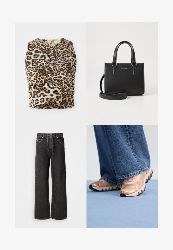 Top sans manches en imprimé léopard, fabriqué en tissu doux, avec un col rond et une doublure intérieure à motifs floraux.; Jean large noir en denim. Présente une taille haute, des passants de ceinture, des poches avant et des détails en métal argenté.; Baskets avec une tige en métal rose doré et un design texturé, dotées de semelles en caoutchouc noires. Associées à un jean en denim bleu à jambe large.; Sac à main en cuir noir texturé avec des poignées courtes et une bandoulière amovible. Doté d'un logo "LACOSTE" en argent à l'avant.