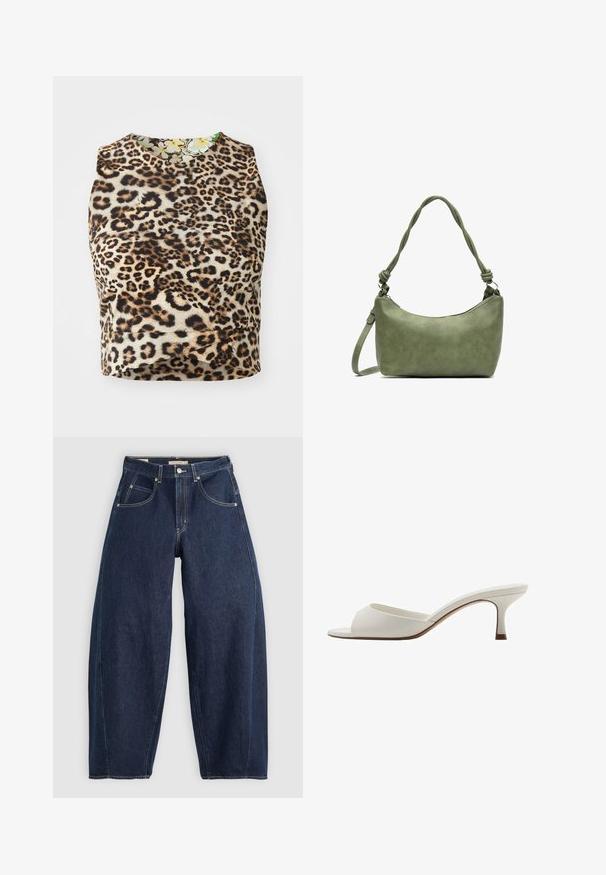 Halenka bez rukávů s leopardím potiskem vyrobená z měkké látky, s kulatým výstřihem a květinovou podšívkou.; Tmavě modré džíny z denimu s volným střihem, světlým prošíváním, pěti kapsami a knoflíkovým zapínáním v pase.; Bílé otevřené lodičky na vysokém podpatku s hladkým povrchem, minimalistickým designem a štíhlým podpatkem, se slabým hnědým akcentem na podrážce.; Zelená kožená kabelka s hladkou texturou, zakřiveným tvarem a pleteným držadlem. Obsahuje zipové uzávěr a nastavitelný popruh.