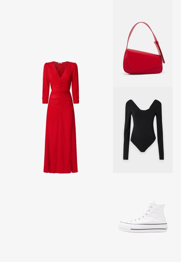 Bodysuit preto de mangas longas com um decote profundo, feito de um tecido liso e elástico, apresentando um design ajustado e costuras mínimas.; Vestido vermelho com decote em V, mangas até o cotovelo e detalhes drapeados na cintura e nas costas. O tecido parece suave e leve.; Sapatilha alta de tela branca com sola de borracha preta, bico de borracha na frente e seis ilhós para os atacadores, apresentando um design limpo e minimalista.; Bolsa de mão em couro vermelho com um design angular e geométrico. Apresenta uma única alça ajustável e um fecho com aba, com detalhes cosidos.