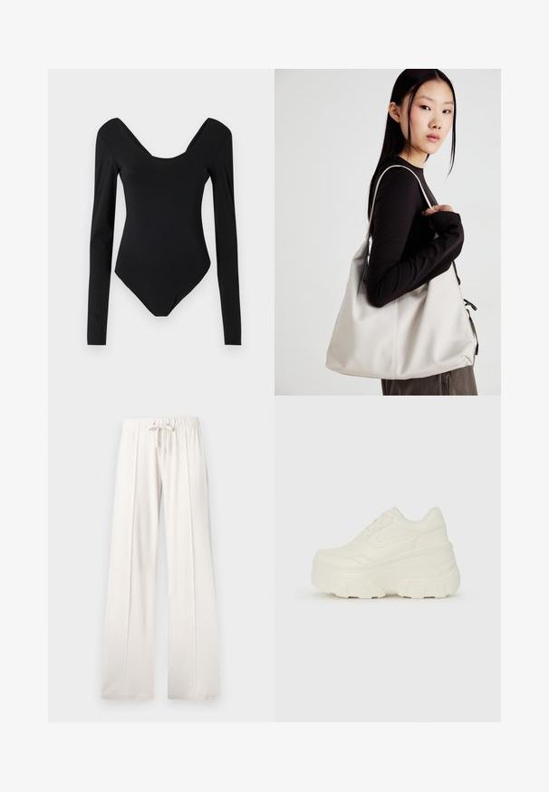 Mustmust pikkade varrukatega bodi, sügava ümmarguse kaelusega, valmistatud siledast ja venivast kangast, millel on keha külge nõtkelt liibuv disain ja minimaalsed õmblused.; Heledad beežid püksid, mis on valmistatud pehmest kangast, millel on paelaga vöökoht, laiad sääred ja vertikaalsed õmblused, lisaks sujuv tekstuur.; Valged platvormi tõusukingad, millel on siledast nahast meenutav pealis, ümar kuju, pehmendatud kaelus ja tekstureeritud kummitald koos selgete hüdrofoobsete mustritega.; Bež käekott pehme materjali, millel on lõtv disain, õmblustega detailid ja kaks õlarihma. Sobib igapäevaseks kasutamiseks.