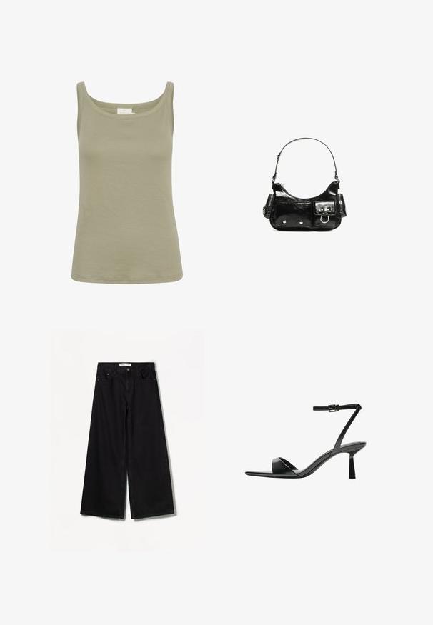 Top in cotone verde oliva, senza maniche, con scollo rotondo, vestibilità slim e senza motivi visibili. Texture liscia, con orlo dritto.; Bershka WIDE-LEG - Wide Leg - black; Bershka Sandali con tacco - black; Borsa a spalla in vernice nera con forma curvata, una tracolla, tasche frontali e dettagli in metallo argentato.