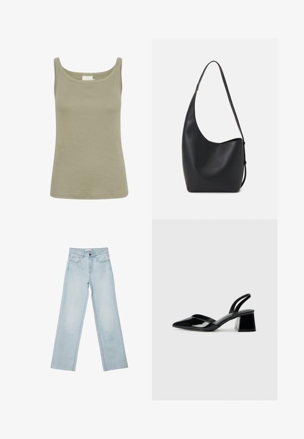 Top in cotone verde oliva, senza maniche, con scollo rotondo, vestibilità slim e senza motivi visibili. Texture liscia, con orlo dritto.; Jeans a gamba larga di colore blu chiaro realizzati in denim. Presentano cinque tasche, un bottone sul davanti e dettagli sbiaditi. Taglio dritto classico con vestibilità ampia.; Décolleté in vernice nera con punta affusolata e tacco in geometria cubica. Presentano un design elegante e minimalista, con una texture liscia.; Borsa hobo nera in pelle con una superficie liscia, forma curvata e una singola tracolla regolabile; presenta un'ampia apertura nella parte superiore.
