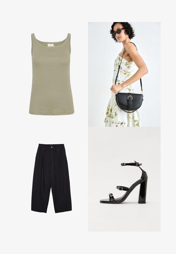 Oliwkowa bawełniana bluzka bez rękawów z okrągłym dekoltem, dopasowany fason, bez widocznych wzorów. Gładka tekstura, wykończona prostym dołem.; Czarne spodnie culotte z poliestru z elastycznym pasem, dwoma fałdami z przodu i luźnym krojem. Brak widocznych wzorów lub elementów metalowych.; Czarne lakierowane sandały na obcasie z kwadratowym noskiem, z paskami wokół kostki i srebrnymi klamrami. Posiadają masywny słupek dla stabilności.; Czarna skórzana torebka o zakrzywionym kształcie, z odpinanym paskiem i złotymi akcentami. Torebka posiada klapę z zapięciem w kształcie klamry.