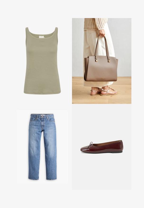 Oliven grøn bomulds tanktop med rundet halsudskæring, tætsiddende pasform og ingen synlige mønstre. Glat tekstur, afsluttet med lige kant.; Lyseblå denimjeans med lige pasform, fem lommer og lynlåsgylf. Stoffet har en klassisk tekstureret overflade med let falming.; Bordeaux patentlæder balletflad med rund tå, lille sløjfeaccent foran og en lav, sort gummisål. Glat tekstur.; Brun kunstlæder taske med to lange håndtag, firkantede metalaccenter og et subtilt logo. Båret med en lys kremfarvet nederdel og sandaler.