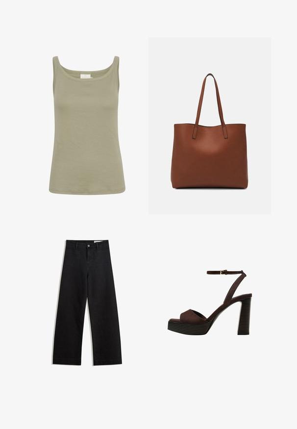 Maslinasto zeleni pamučni majica bez rukava s okruglim izrezom, uskog kroja i bez vidljivih uzoraka. Glatka tekstura, završena ravnom donjom ivicom.; Crne široke traperice s visokim strukom, s prednjim i stražnjim džepovima, šivenim šavovima i kopčanjem na gumb. Glatka tekstura.; Smeđe zamšaste sandale s visokim potpeticama, otvorenim prstima, podesivom trakicom oko gležnja i prugastom platformom.; Smeđa kožna torba preko ramena s glatkom teksturom, otvorenim vrhom i dvjema naramenicama. Ima minimalne šavove i nema vidljivog hardvera.
