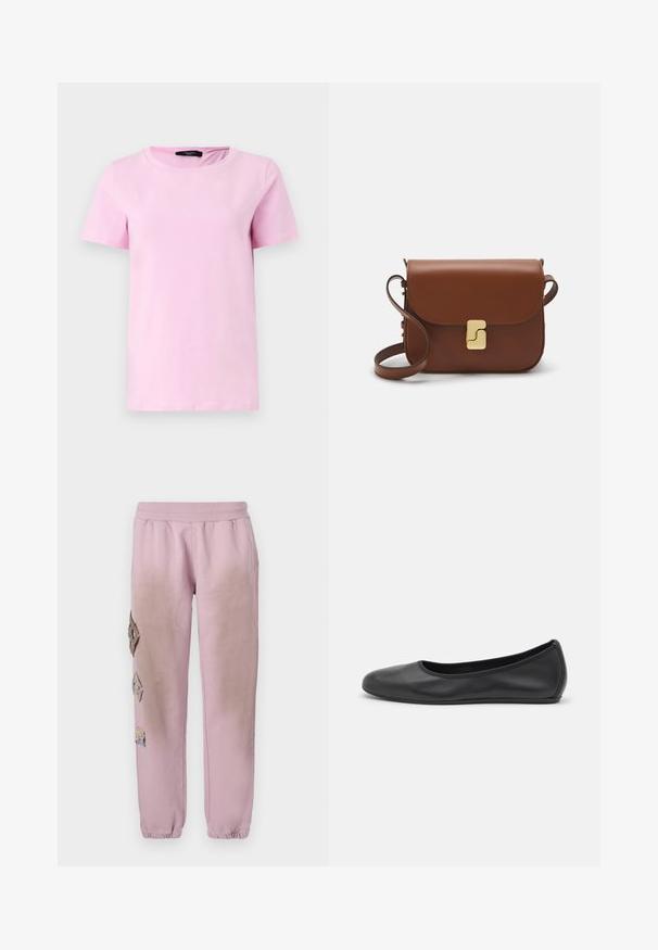 Kurzes rosa Baumwoll-T-Shirt mit Rundhalsausschnitt und kurzen Ärmeln, das über eine glatte Textur und ein einfaches Design ohne sichtbare Muster verfügt.; Rosa Sweatpants mit elastischem Bund, verziert mit dekorativen Patches in Diamantform auf der linken Seite und elastischen Bündchen an den Knöcheln.; Schwarze Leder-Ballettschuhe mit abgerundeter Spitze, glatter Textur, minimalen Nähdetails und einem flexiblen Sohlen-Design.; Braune Ledertasche mit Klappenverschluss, Beschlägen in Goldfarbe, einem Schultergurt und einer glatten Oberfläche. Kompakte rechteckige Form.