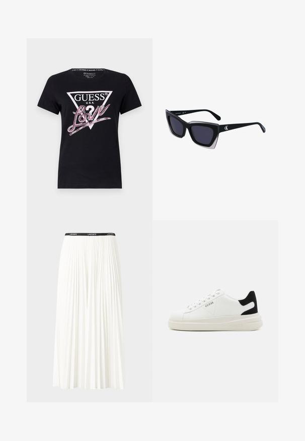 Camiseta de algodón negra con un logo en forma de triángulo que presenta el texto "GUESS U.S.A." y "Love" en rhinestones rosas en la parte delantera.; Falda blanca plisada con una cinturilla elástica negra que presenta el logotipo "LACOSTE". Diseño de longitud media con textura suave.; Zapatillas blancas de cuero con una suela blanca gruesa, acento en el talón de ante negro y logo grabado en el lateral. Diseño de cordones con seis ojales.; Gafas de sol negras de gran tamaño con una forma geométrica, que presentan lentes oscuros y un detalle gris contrastante en la montura. Logo en la pata.