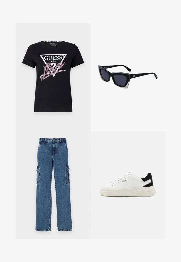 Sort bomulds t-shirt med en trekantet logo og teksten "GUESS U.S.A." og "Love" i lyserøde rhinsten på forsiden.; Blå denim cargo bukser med en afslappet pasform, der har to sidelommer, forstærket syning og et lige ben-design.; Hvide lædersneakers med en tyk hvid sål, sort ruskindhælvægt og prægede logoer på siden. Snørebåndsdesign med seks øjer.; Store sorte oversized solbriller med geometrisk form, med mørke linser og en kontrasterende grå detalje på stellet. Logo på armen.