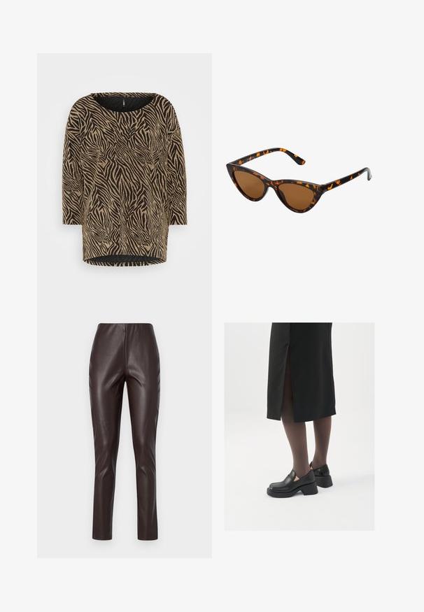 Zebra print top with a round neckline, black and gold color scheme, long sleeves, and a relaxed fit, featuring a soft, textured fabric.; Brown faux leather leggings with a smooth texture, high waist, and slim fit. Features a sleek design without visible seams or embellishments.; Black leather shoes with a rounded toe, thick block heel, and elastic side accents, paired with dark tights and a black skirt with a slit.; Cat-eye sunglasses with a black and orange tortoiseshell frame, brown lenses, and sleek, pointed tips. Features a minimal logo on the temple.