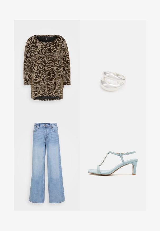 Tričko s potlačou zebry, okrúhlym výstrihom, čierno-zlatou farebnou kombináciou, dlhými rukávmi a uvoľneným strihom, vyrobené z jemnej, štruktúrovanej tkaniny.; Svietlo modré široké džínsy vyrobené z denimu, s vysokým pásom, prednými vreckami a zapínaním na gombík s medenými akcentmi.; Svetlomodré sandále na vysokom podpätku so členkovým remienkom a štvorcovým špičkovým dizajnom, s kovovým akcentom a elegantnou, hladkou koženou textúrou.; Strieborný prsteň s dvojitým pásikom s hladkým, lesklým povrchom. Má plynulý, zakrivený dizajn s prekryvajúcimi sa časťami pre moderný vzhľad.