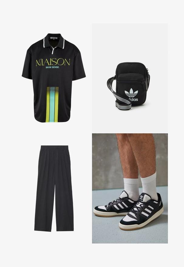 Polo shirt negru cu guler, având dungi vibrante în degrade de verde și albastru, și textul îndrăzneț "MAISON" în galben pe față.; Pantaloni largi dintr-un material gri închis. Prezintă pliuri la talie, un design ajustat și o siluetă dreaptă.; Adidași negri și albi cu un superior din suede și piele, prevăzuți cu trei dungi albe, un vârf perforat și o talpă din cauciuc caramel.; Geantă de umăr din material textil negru, cu închidere cu fermoar, având un logo Adidas alb și o curea ajustabilă cu dungi pentru o transportare ușoară.