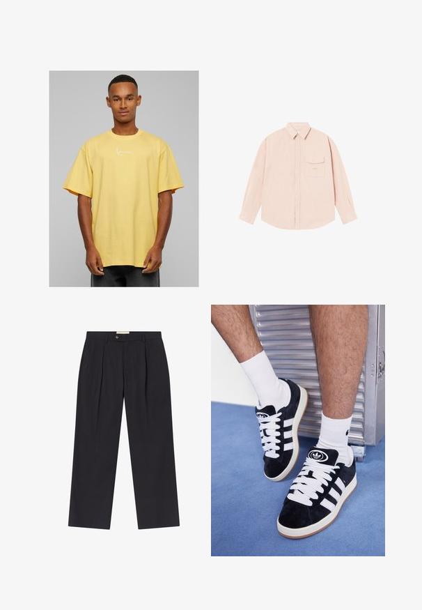 Žluté bavlněné oversized tričko s krátkým rukávem, které má na přední straně bílé podpisové logo a kulatý výstřih.; Světle růžová dlouhá košile s dlouhým rukávem vyrobená z jemné tkaniny, s límečkem na knoflíky, přední kapsou a nenápadným vyšitým logem na hrudi.; Upravené tmavě námořnické kalhoty s vysokým pasem, dvěma předními záhyby, zapínáním na knoflík a rovnými nohavicemi z hladkého materiálu.; Černé semišové tenisky s bílými tkaničkami a třemi bílými pruhy. Mají kulatou černou logo na jazyku a gumovou podrážku.