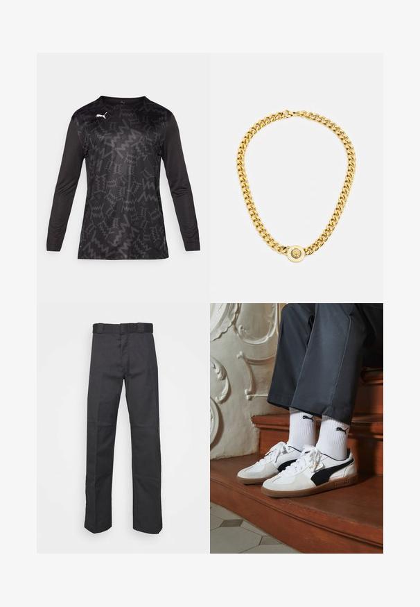 Sportska majica s dugim rukavima u crnoj boji s teksturiranim uzorkom u obliku cik-caka, s okruglim izrezom i bijelim logotipom sprijeda.; Crne hlače od izdržljivog materijala, s ravnim krojem, pojasom s peteljkama i šavovima za dodatnu teksturu.; Puma tenisice u bijelom i crnom nubuku, s smešnim gumastim potplatom. Uparene su s bijelim čarapama s crnim logom, nosene uz tamne hlače.; Zlatna ogrlica s velikim isprepletenim karikama, koja sadrži kružni detalj na sredini s uzdignutim grbom.