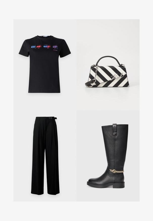 Mustkasest puuvillane t-särk, millel on neli graafilist disaini kassidest prillidega punases ja sinises. Lühikesed varrukad ja ümmargune kaelus.; Mustad kõrge vöökohaga mustad laiad püksid, millel on ees voldid ja vöö, millel on pandla. Valmistatud siledast ja kergest kangast.; Must muste kneepikad mustad nahast saapad tekstureeritud viimistlusega, kaunistatud dekoratiivse kuldse äärisega ja tasase kummist tallaga.; Mustriga musta ja valgega käekott, millel on struktureeritud kuju, pehme käepide, eemaldatav ahelriba ja metallist logo aktsent.