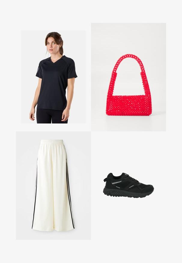 Musta urheilupaita, jossa on V-pääntie ja lyhyet hihat. Valmistettu kosteutta siirtävästä kankaasta, jossa on hienovarainen rakenne ja litteät saumat.; Valkoiset leveälahkeiset housut, joissa on joustava vyötärönauha ja mustat pystysuorat raidat ulkopuolisilla saumoilla.; Mustat vedenpitävät vaelluskengät, joissa on verkkopaneelit, teksturoitu pohja, pyöreä varvas ja heijastavat nauhat. Varustettu logolla ja vetoläpällä kantapäällä.; Punakäsine, joka on valmistettu helmimuovista, ja jossa on neliön muotoinen pohja sekä kaareva kahva. Pintassa on teksturoitu, kiiltävä viimeistely ja helmikuosi.