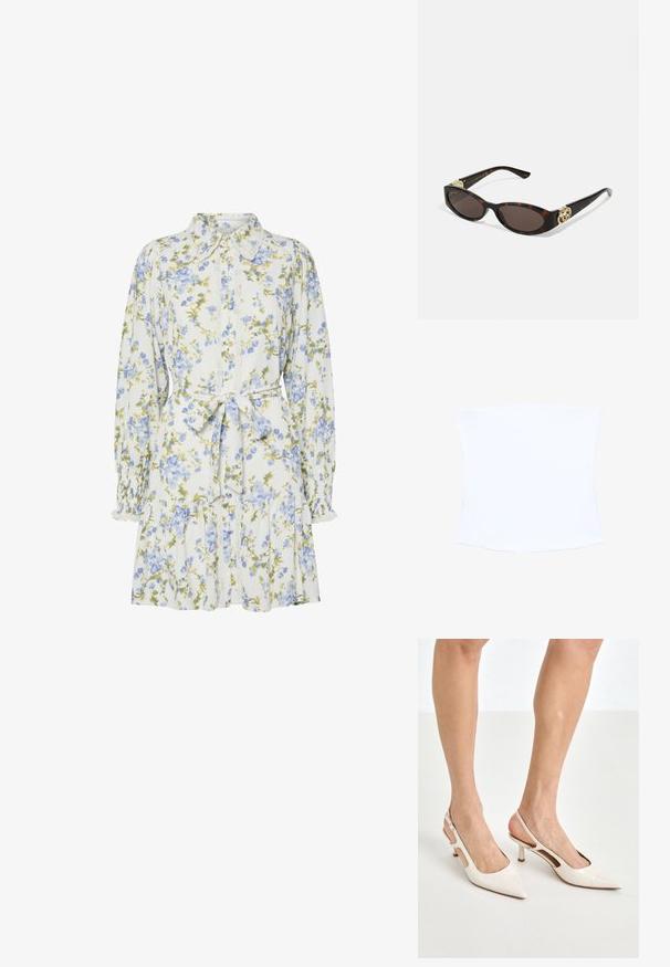Hvid skulderfri top med glat tekstur, formet pasform og let buet kant. Ingen synlige mønstre eller hardware-detaljer.; Blomsterkjole i hvid med blå og grønne blomster, med krave, knaplukning foran, lange ærmer med elastiske manchetter og et bånd i taljen.; Beige patenterede læder slingback hæle med spids tå og 5 cm hæl, med udskårne sider og en tynd ankelrem.; Skildpaddemønster solbriller med aflange ovale linser, brun farve, guldlogo accenter på stængerne og slanke sorte arme.; Beige mønsteret taske med en buet form, læderdetaljer og et guldtonet logo på fronten. Har et kort håndtag for nem bæring.