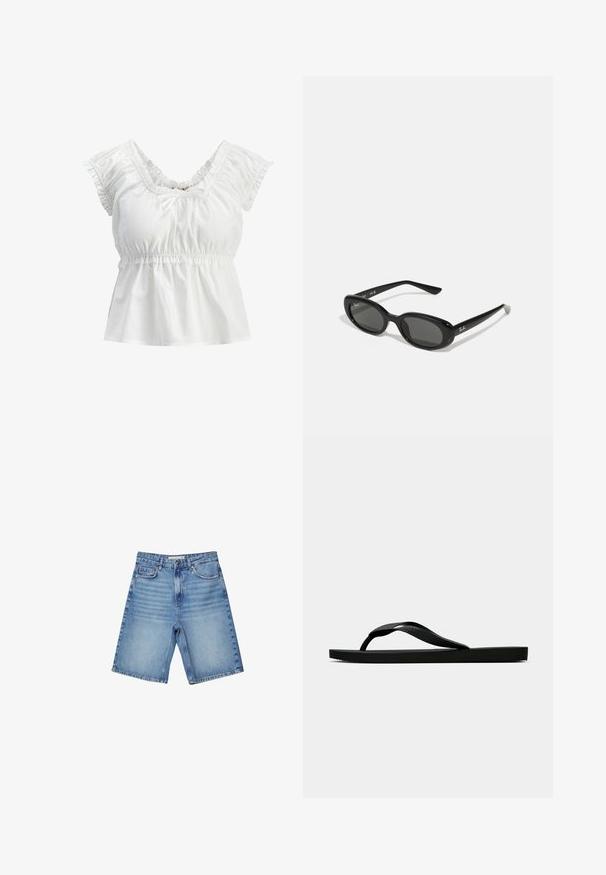 Bijela pamučna bluzica s širokim izrezom, nabranim kap sleeves i elastičnom strukom. Ima detalj s prednjim vezanjem i glatku teksturu.; Traperice kratke hlače u svijetloplavoj boji, s klasičnim dizajnom s pet džepova, zip zatvaračem i suptilnim izblijedjenjem. Ravnog kroja s porubljenim rubovima.; Crne gumene japanke s teksturiranim remenom i jednostavnom ravnom potplatom, prikazane s strane na jednostavnoj svijetloj pozadini.; Crne sunčane naočale s ovalnim lećama, sjajnim plastičnim okvirom i tankim krakovima. Značajka je Ray-Ban logo u bijeloj boji s strane.