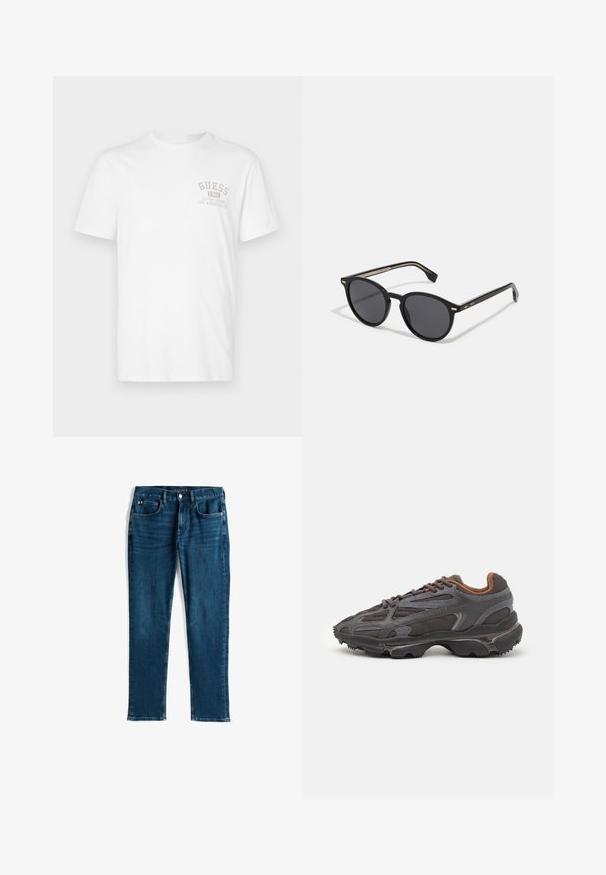 Hvit bomull t-skjorte med korte ermer. Har en beige trykt logo "GUESS 1981" og teksten "KLASSISK DESIGN LOS ANGELES, CA" på brystet.; Mørkeblå denimjeans, rett ben-design, fem-lommers stil, med subtile slit og kontrastsøm, metallknapp og glidelås-lukking.; Lacoste-sneakers i mørkegrått med mesh- og syntetisk materiale, med en teksturert såle og brune detaljer på kragen og merket.; BOSS Solbriller - black