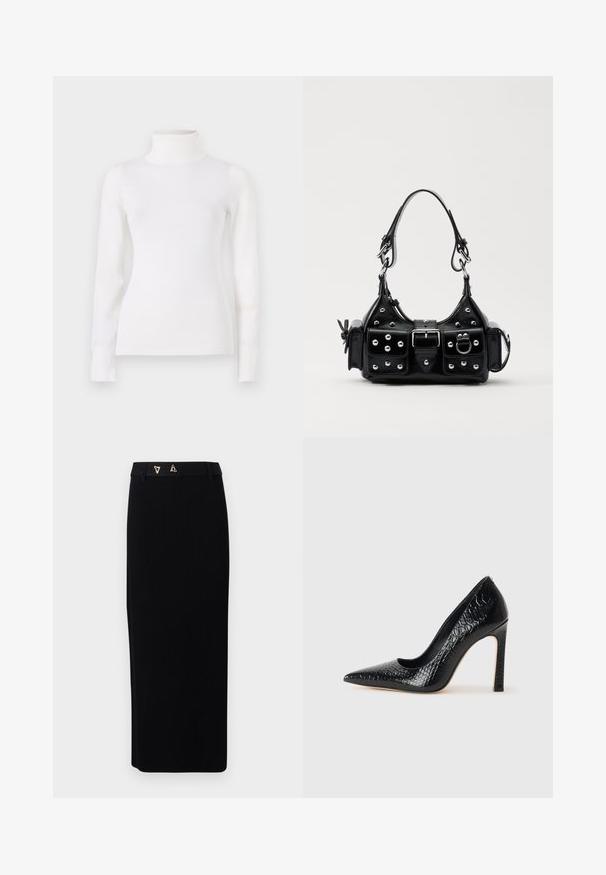 Valge kõrgema kaelusega sviiter, keha sulgev disain, pikad varrukad, pehme tekstuur, sile kangas, minimaalne detailirohkus, soonikuga mansetid ja krae.; AERON FORUM - Pliiatsseelik - black; Mustan teravaotsaga kõrge kontsaga king, millel on krokodillimustriga tekstuur, stiilne disain, kõrge stilettokonts ja sile must sisesisustus.; Must värvi nahast käekott, millel on kaarjas disain, hõbedased nupukesed, kinnitusahe ja kaks külgtaskut. Reguleeritav rihm erinevate kandmisvõimaluste jaoks.
