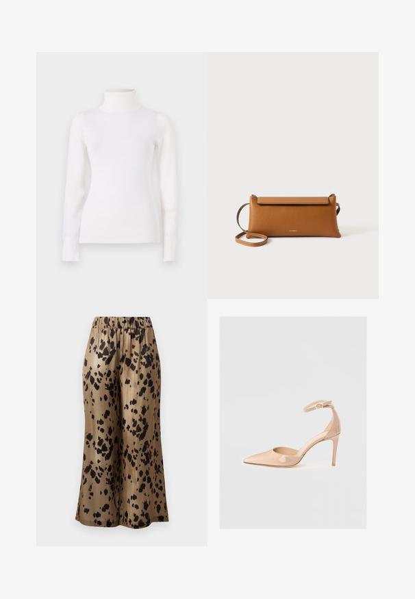 Bela pulover s postavo, dolgimi rokavi, mehak tekstur, gladka tkanina, minimalno okraševanje, rebrasti manšeti in ovratnik.; Rjave hlače širokega kroja z vzorcem, ki vsebuje črne pike, izdelane iz sijoče tkanine, z elastičnim pasom za udobje.; Nude lakirani čevlji s koničastim prstom, z naramnicami in stiletto peto, ki se ponašajo z gladko teksturo in minimalističnim dizajnom.; Rjava usnjena torbica, pravokotne oblike, teksturirana površina, snemljiva zanka, zadrga, diskretno logotip vtisnjen spredaj.
