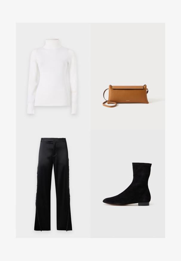 Bela pulover s postavo, dolgimi rokavi, mehak tekstur, gladka tkanina, minimalno okraševanje, rebrasti manšeti in ovratnik.; Črne satenske hlače širokih nogavic, ki imajo čipkaste detajle ob stranskih šivih in ravno sprednjo pasnico. Enostavna hrbtna stran brez žepov.; Črne semiš gležnjarje z oblikovanim zgornjim delom, koničastim nosom in nizko blok peto. Gladka textura in minimalističen dizajn, primerna za vsestransko stiliziranje.; Rjava usnjena torbica, pravokotne oblike, teksturirana površina, snemljiva zanka, zadrga, diskretno logotip vtisnjen spredaj.