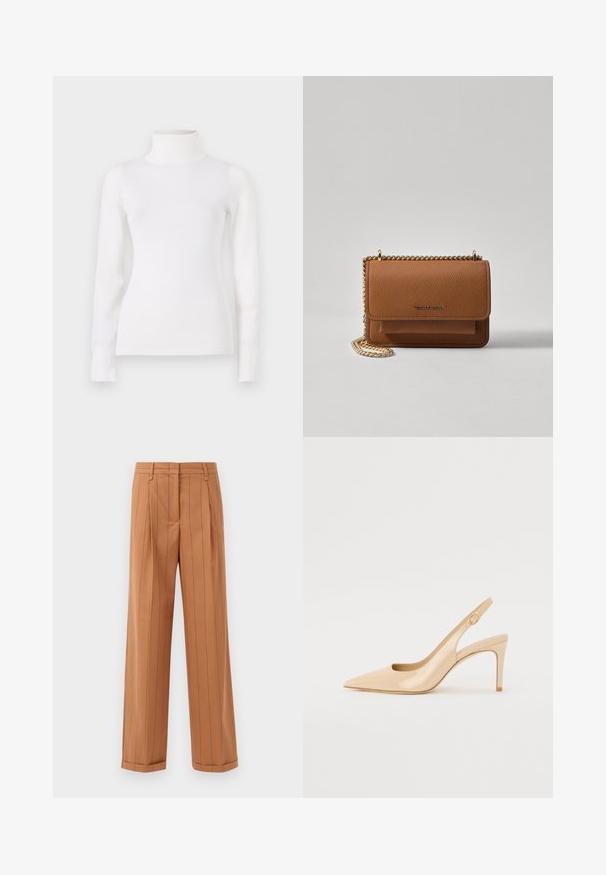 Bijela turtleneck džemper, prilagođenog kroja, dužih rukava, mekane teksture, glatkog materijala, minimalna obrada, rebraste manžete i ovratnik.; Smeđe hlače s prugicama i krojem po mjeri, s nabranim detaljima, ravnim krojem i manžetama na rubu. Izrađene su od glatkog materijala.; Nude lakirane slingback štikle s zašiljenim nosem, otvorenim prednjim dijelom i tankim štiletto potplatima. Sadrži kružni zlatni detalj na remenu.; Smeđa kožna torba preko tijela s teksturom, zlatnim lančićem i preklopom na zatvaranju. Na prednjoj strani nalazi se detalj s potpisom i džep ispod preklopa.