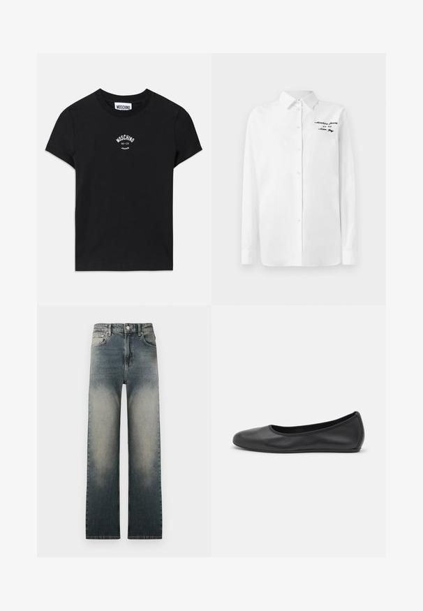 Čierne bavlnené tričko s krátkymi rukávmi. Na hrudi je umiestnený biely potlačový logo "MOSCHINO Jeans 86-23". Jednoduchý dizajn.; Biela košeľa s dlhým rukávom a golierom, s čiernym vyšívaným textom "Moschino Jeans" na hornej ľavej časti hrude.; Džínsy s vysokým pásom a rovnými nohavicami, s bledým a tmavým denimovým umývaním a klasickým dizajnom s piatimi vreckami.; Čierne kožené baleríny s okrúhlou špičkou, hladkým povrchom, minimálnym prešívaním a flexibilným dizajnom podrážky.