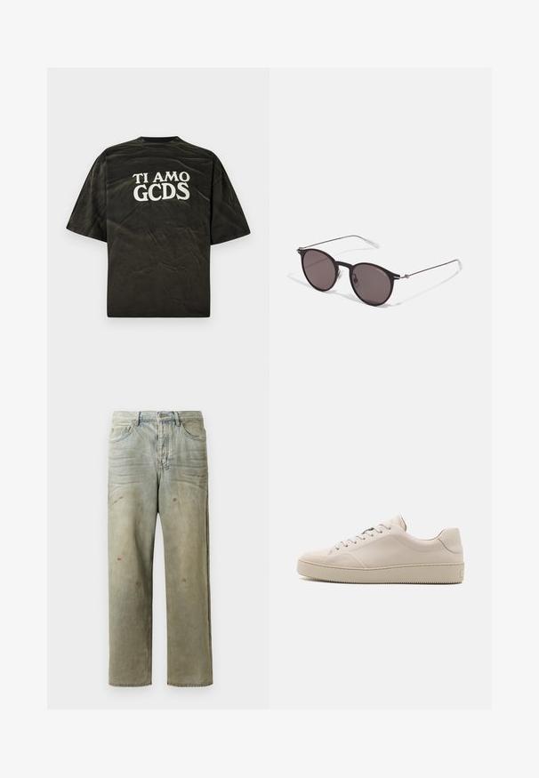 Black short-sleeve T-shirt with a relaxed fit, featuring a white graphic text "TI AMO GCDS" on the back. Distressed texture.; Distressed denim jeans in light green, featuring a straight leg, five-pocket design, and uneven fading with paint splatters.; Beige leather sneakers with a smooth finish, rounded toe, flat sole, and classic lace-up design. Subtle stitching accents and textured outsole.; Black round sunglasses with dark lenses and slim metal arms. Includes clear temple tips and silver accents at the hinge. Minimalist design.