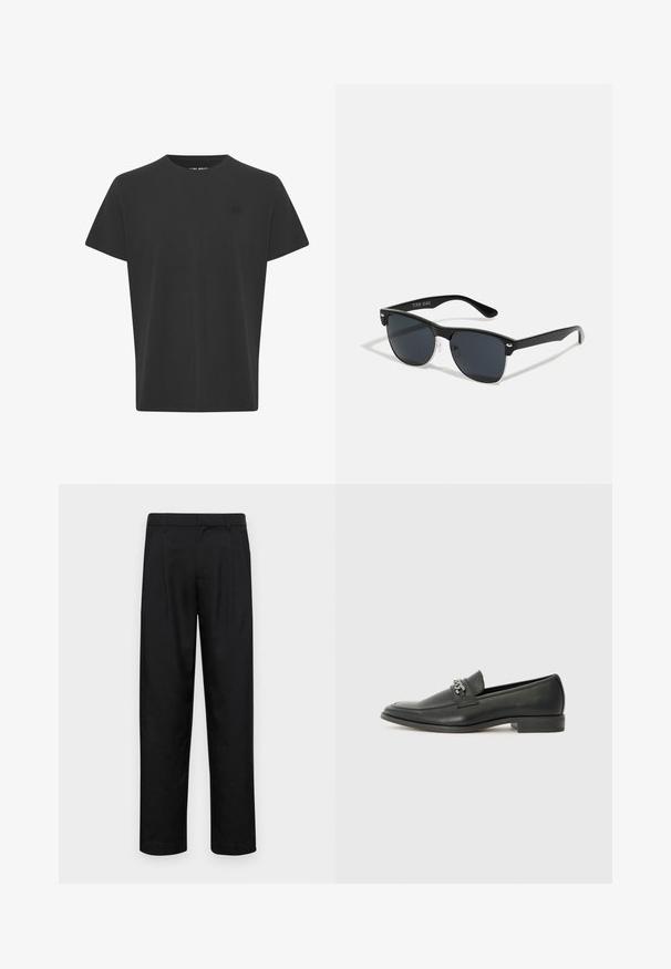 Czarna, krótko rękawowa koszulka z bawełny. Posiada okrągły dekolt oraz małe logo w lewym górnym rogu, gładka struktura.; Czarne spodnie wykonane z gładkiego materiału, z prostą nogawką, dwoma fałdami z przodu oraz standardowym paskiem z wypustkami na pasek.; Czarne skórzane mokasyny o gładkim wykończeniu, z haftowanym wzorem i dekoracyjnym akcentem z metalowego łańcucha na wierzchu. Płaska pięta.; Czarne okulary przeciwsłoneczne o prostokątnym kształcie, ciemnych soczewkach, srebrnych akcentach na zausznikach oraz matowym wykończeniu oprawki.