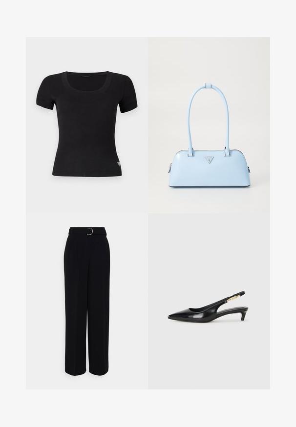 Félhosszú ujjú fekete póló, kerek nyakkivágással, sima, rugalmas anyagból készült. A bal alsó oldalon egy kis háromszög alakú logó található.; Fekete, testre szabott nadrág, széles szárű sziluettel, ezüst csattal ellátott övvel, pliszékkel és sima textúrával.; Fekete bőr slingback magassarkúk, hegyes orral, vékony sarkakkal és arany színű részlettel a állítható pánton. Simа felület.; Világoskék kézitáska, amelynek strukturált formája van, sima bőrből készült, két füllel rendelkezik, és az elején egy háromszögletű márkatrófea található. Cipzáras záródás.